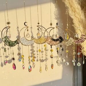 NWT! Gold Tone Metal Crescent Moon Filled with Gemstone Chips Sun Catcher!